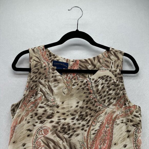 Charter Club Top Womens 8 Cheetah Paisley Print Back Button Shell Silk Beige - Picture 3 of 10